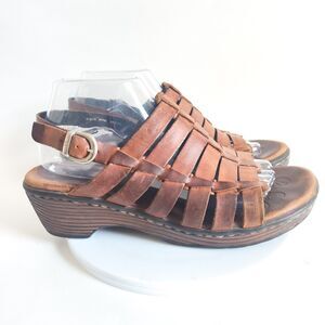 Born Brown Fisherman Leather Slingback Sandals Wedge Heels Ankle Strap Womens 9M